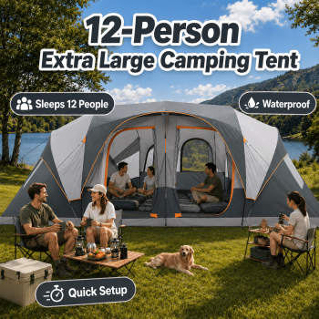 Camping Tent 12 Person Camping Tents, 2/3 Room Weather Resistant Family Cabin Tent, 6 Large Mesh Windows, Double Layer, Divided Curtain for Separated Room, Portable with Carry Bag