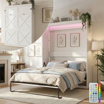 Mjkone Size Murphy Wall Bed with 2 LED Lights,Convertible Wall Bed into a Cabinet for Living Room/Bedroom/Guest Room