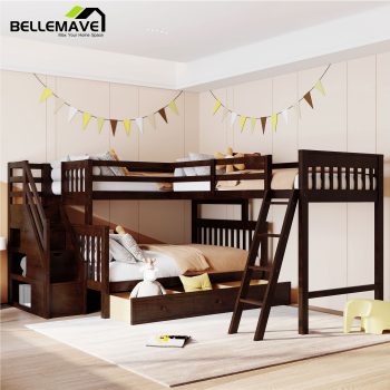 BELLEMAVE L-Shaped Bunk Beds Twin over Full Size, Kids Triple Bunk Bed with Storage Stairs, Ladder and Drawers, 3 Bed Bunk Beds for Kids,Boys and Girls()