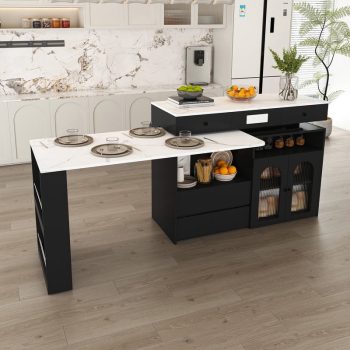 Wohh Kitchen Island Cart with Extendable & Rotating Tabletop, MDF Utility Island with Marble Veneer, 4 Drawers & Glass Door Cabinet, Built-in Power Outlet, Kitchen Prep Station for 2-4 People