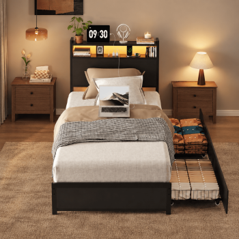 Zimtown Bed Frame with 2-Tier Storage Headboard, Metal Platform Bed Frame with 2 Storage Drawers, Built in Charging Station & LED