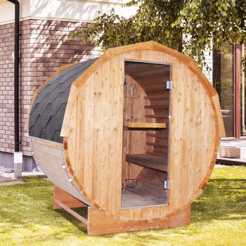OUTEXER Outdoor Traditional Barrel Sauna Room Steam Sauna, Spruce 4.5KW Outdoor Saunas with LED Explosion-Proof Light for Garden, Patio, Or Poolside