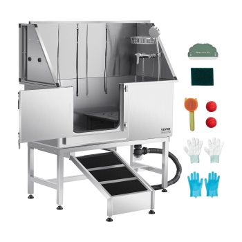 VEVOR Stainless Steel Dog Washing Station, 50 inch Pet Grooming Tub w/ Ramp, PE Water Filter Board, Faucet & Showerhead & Soap Holder(Left Door)