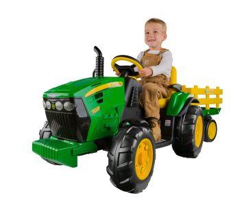 12 V Peg Perego John Deere Ground Force Extra-Large 12 Volt Ride-On Tractor with Trailer & FM Radio, Durable Design for Kids Ages 3-7