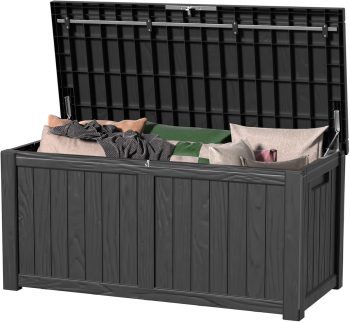 LOJIAWOWE 150 Gallon Resin Deck Box, Waterproof Lockable Outdoor Storage Container for Patio Furniture, Pool Supplies