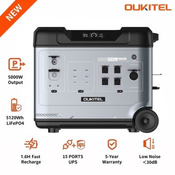 Oukitel 5000W 5120Wh Solar Portable Power Station, LiFePO4 Camping Power Station, 120V/240V, Expandable to 19kWh, 1.6H Fast Charge, Ups, Home Emergency RV Camping