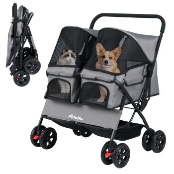 Infans Double Pet Stroller w/ 2-seater Carrier, Adjustable Sunshade, Removable Pad