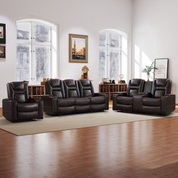 Bonzy Home 3‑Piece Electric Power Recliner Sofa Set, 1‑Seat Chair, Console & 3‑Seat Couch, Home Theater Living Room Furniture, Cup Holders, Hidden Arm Storage, USB Ports, Blown