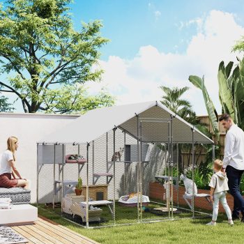 PawHut Catio Outdoor Cat Enclosure, 95" Extra Large Walk-in Cat House with Waterproof Cover, 2 Resting Boxes, 7 Jumping Platforms, for 5 Kittens