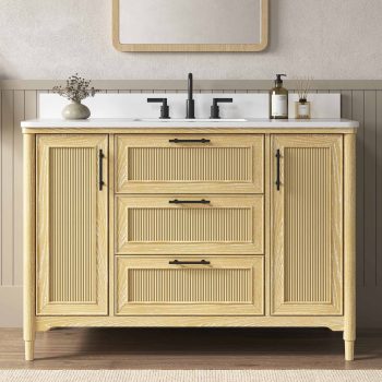 Deluxe Living 48 Inch Bathroom Vanity with Sink, Quartz Top, Light Oak | Modern Pre Assembled Single Sink Bathroom Vanity, Freestanding Bathroom Storage Cabinet, Soft Close Doors, Dovetail Drawers