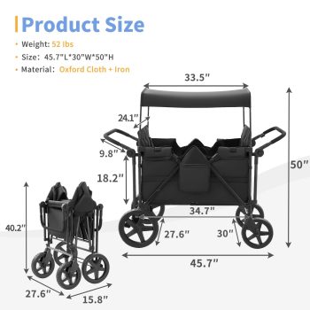 Linor Wagon Stroller for 4 Kids, Wagon Cart Featuring Snack Tray with Storage Bag and Adjustable Canopy, Foldable 4 Seater Wagon Stroller for Garden, Stroller, Camping