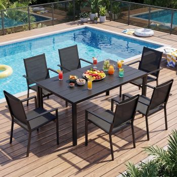 Lofka 7-Piece Outdoor Patio Dining Set,Patio Conversation Set with 1 Metal Steel Table and 6 Textilene Chairs for Courtyard, Backyard, Pool,Black