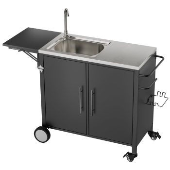 Outdoor Grill Table with Sink, Metal Worktable Kitchen Cabinet Island with Foldable Top and Storage Cabinet, Rolling Grill Cart with Wheels for Garden, Backyard and Lawn