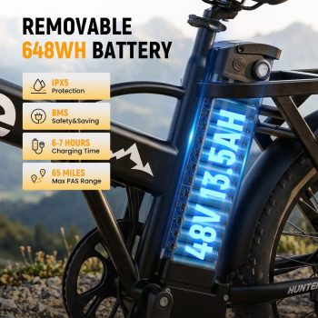 Hunter Folding Electric Bike for Adults, 20"x 3.0" Fat Tire EBikes, 7-Speed Removable Battery EBicycle, 500W Motor 48V 13.5Ah 28MPH 65Mi Max Range, with Free Phone Bag