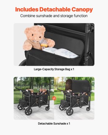 VEVOR Wagon Stroller for 4 Kids, Push Pull Quad Collapsible Stroller with Adjustable Handle, 5-Point Safety Harness & Removable Canopy,4-Seater Stroller Wagon for Camping, Black (330LBS Loading)
