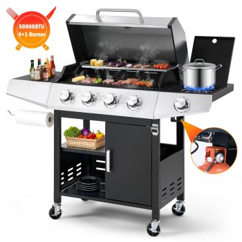 Segmart Burner BBQ Propane Gas Grill with Side Burner, Stainless Steel 50,000 BTU Patio Barbecue Grill with Shelf, Gas Tank Hook, Towel Rack & Bottle Opener, Fits for Camping, Outdoor Cooking
