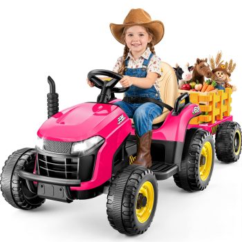 TOKTOO 12V Powered Ride on Tractor w/ Tippable Trailer, Remote Control, MP3, Bluetooth, LED light, Ride on Toys for Boys and Girls, Pink