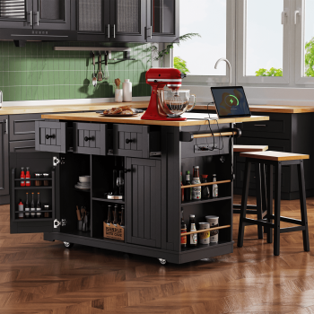 Harper & Bright Designs Large Kitchen Island with 2 Bar Stools and Power Outlet, Kitchen Storage Cart on 5 Wheels with Drop Leaf and Door Internal Storage Rack & 3 Drawers