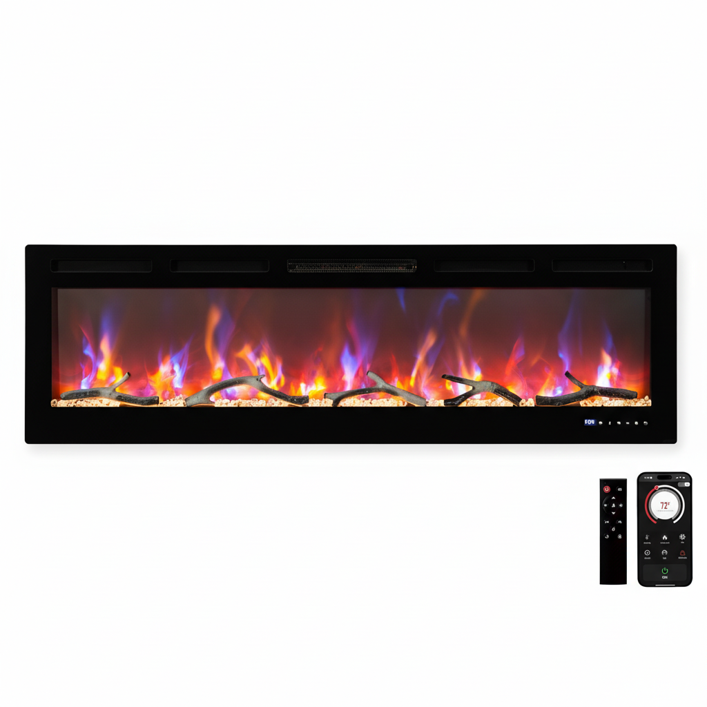 CazToi 80" Ultra-Slim Smart Electric Fireplace Remote Control 12 Color Flame Recessed/Wall Mounted Heater