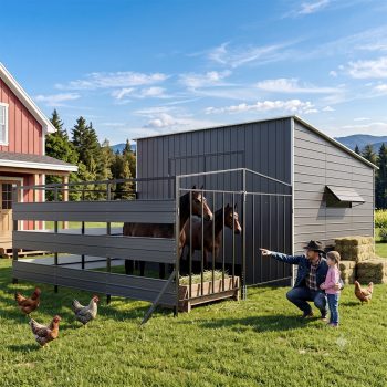 13x23 FT Heavy Duty Livestock Shelter with 6ft High Corral Fence Door, Galvanized Metal Horse Shed with Ventilated Louver Grid Windows, Sloped Roof Farm Shelter for Horses Goats Cattle