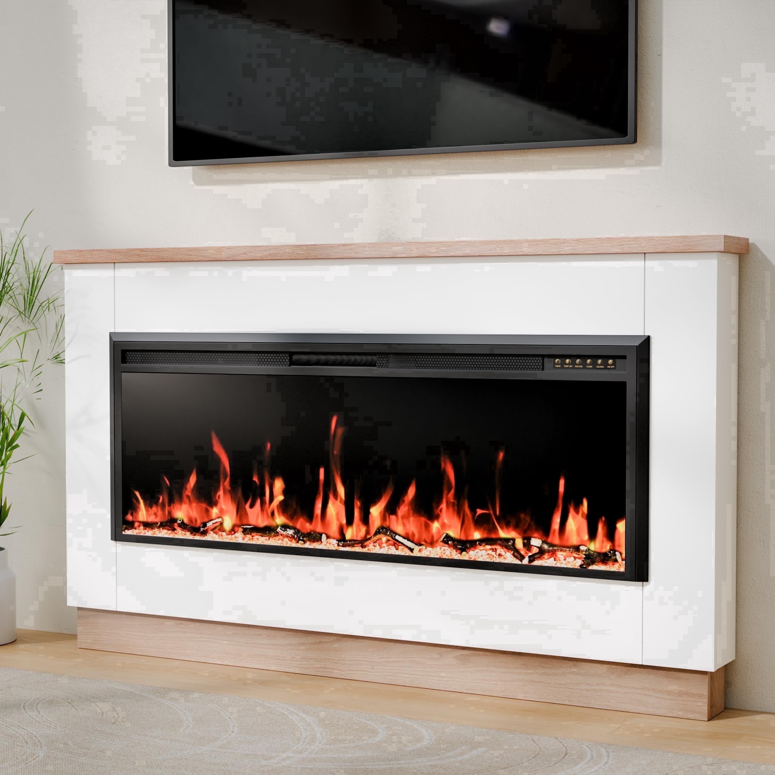 70" Electric Fireplace TV Stand with Mantel White Fits 60" Insert Ultra-Thin 5.5" Design 750/1500W Heater 12 Flame Effects with Timer Wall Mount Media Console