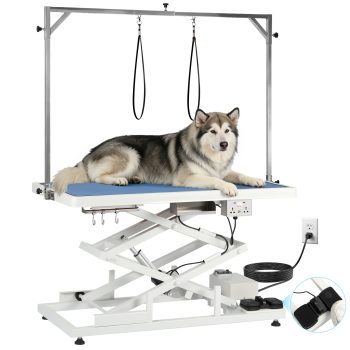 Hemoton Electric Pet Grooming Table with Height Adjustable Lift 8''-44.5'', 49.2" Dog Grooming Table with Dual Grooming Arms and Loops, Dual X-Style Electric Lift Grooming Station, 264 lb Capacity