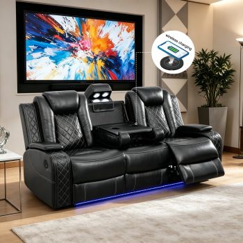 Gewnee Power Reclining Multifunctional Sofa with USB & Wireless Charging, Air Leather, Storage Console, Living Room, Black
