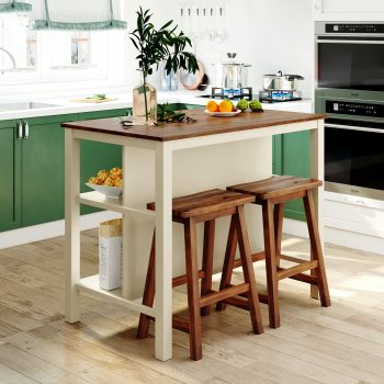 JUYG 45" Stationary Kitchen Island Set, Walnut/Cream, 2 Seats, Open Shelves
