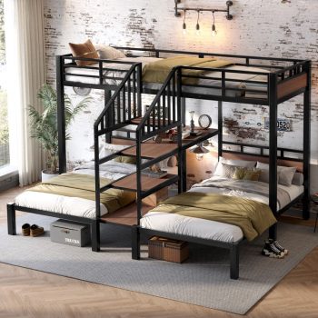Bellemave Triple Bunk Beds with Stairs, Metal Twin Over Twin Over Twin Bunk Bed with Storage Shelves, Bunk Bed with Desk for 3 Teens Adults(Black)
