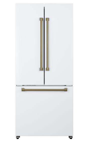 Hamilton Beach 17.7 Cu. ft. Frost Free French Door Refrigerator, Energy Star Rated Fridge with Inverter Compressor, LED Display, 6 Gallon Door Bins, Gold White