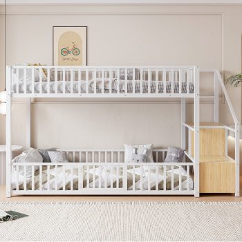 Euroco Metal Twin over Twin Bunk Bed with Staircase and Guardrails