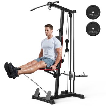 Home Gym Station with Lat Pulldown Seated Row Ab Crunch 3-in-1 Cable Machine Includes 11lbs Weight Plates, Triceps Rope, Lat Bar, Cable Bar, Resistance Band Hooks