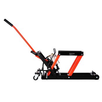 KFFKFF Motorcycle Lift with 1500lbs Capacity, Hydraulic & Pneumatic Jack, Adjustable Height 4.1-15 in, Durable Repair Stand with Detachable Ramp and 2 Wheels for ATVs and Dirt Bikes
