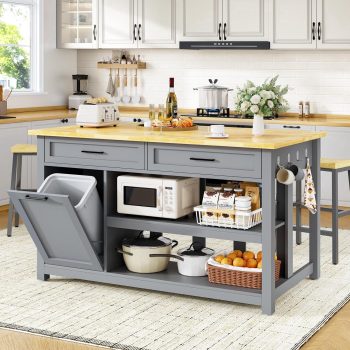 ChicZhiNest Kitchen Island with Seating Include 2 Stools, 47" Solid Rubberwood Dining Table with Power Outlet, 6 Hooks, Kitchen Bar Table Set with 2 Drawers & Open Shelves Storage Cabinet