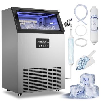 Commercial Ice Maker Machine, 165Lbs/24H, 45Lbs Storage, Stainless Steel Undercounter or Freestanding Ice Maker for Restaurants & Bars