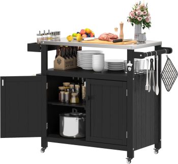 Weatherproof HIPS Outdoor Kitchen Island with Stainless Steel Top & Storage Cabinet, Movable Prep Table with Wheels for BBQ Food Prep, Grill Cart