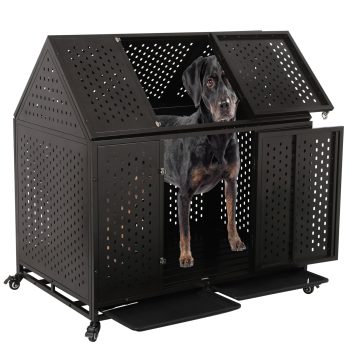 44 Inch Heavy Duty Indestructible Dog Crate with Wheels, Steel Escape-Proof Indoor Double Door High Anxiety Cage, Durable Chew-Proof Strong Kennel with Removable Tray for Large Medium Dogs
