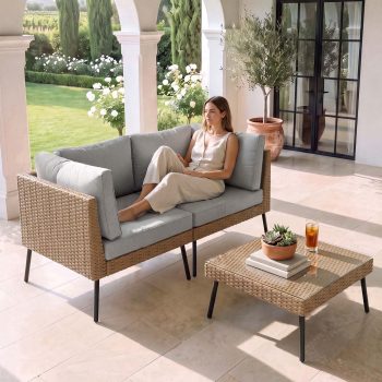 Dateyes 3‑Piece Outdoor Wicker Patio Furniture Set, Rattan Loveseat Sofa with Glass Coffee Table, Weather‑Resistant Cushions for Backyard Porch