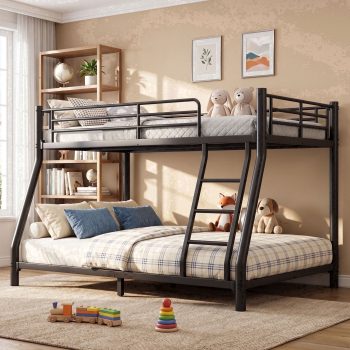 Kdymod Twin over Full Metal Low Bunk Bed with Stairs, Safety Rail & Steel Slats, Space-Saving Heavy Duty Bed Frame for Adults & Teens, No Box Spring Needed