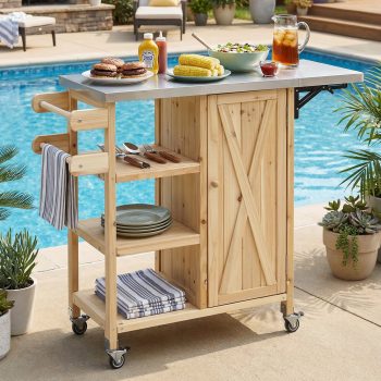 Natural Foldable Outdoor Kitchen Island Cart, Portable Prep Station with Stainless Steel Worktop, Lockable Wheels, Storage Cabinet & Towel Rack for Patio Backyard Balcony