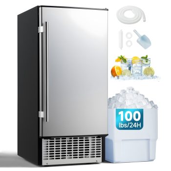 JFHID 15'' Commercial Ice Maker 100lbs/24H,Stainless Steel Under Counter Ice Machine for Home Bar Restaurant