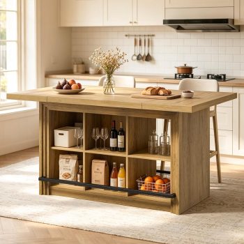 Viviwood 62.6" Kitchen Island with Storage, Farmhous Island Bar, Oak