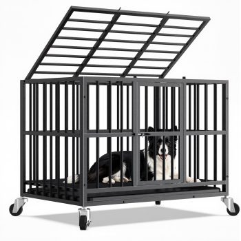 Time Ray 38 inch Dog Crate for Medium Dog with Steel Escape Proof,Heavy Duty Indestructible Dog Kennel with Double Doors,Lockable Wheels and Removable Tray