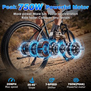 XKJ Electric Bike for Adults,26”Electric Mountain Bike,48V 12AH Removable Battery & LCD Display, 7-Speed,25MPH,40+Miles(PAS),Ebike, Full Suspension, 750W Motor Commuter Electric Bicycle, UL2849
