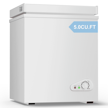 DISHUP 5.0 Cu.Ft Chest Freezer, Compact Freestanding Deep Freezer with 7 Level Adjustable Thermostat & Removable Basket,Top Opening, Low Noise(White)