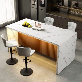 Hawsaiy 67" Modern LED Rectangle Dining Table with Marble-Look Top, 6 Seater Kitchen Island Table with Lights for Home Kitchen Office