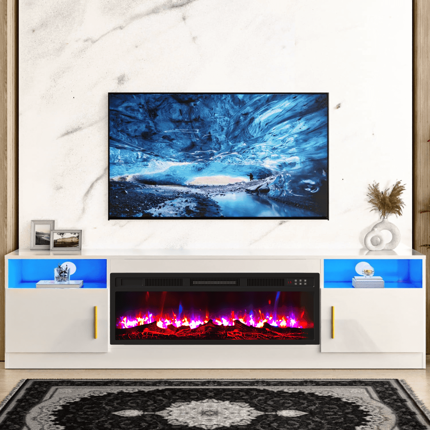 Waleaf Fireplace TV Stand with 36" Electric Fireplace Up to 80" TVs, Modern Wood Media TV Console with Highlight Cabinet