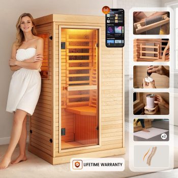 Syedee Far Infrared Sauna Home Sauna Spa Room Canadian Hemlock Wood 1000W Indoor Saunas Low EMF 110V with Control Panel and Tempered Glass Door