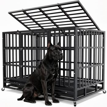 YOKWOK 48 Inch Heavy Duty Dog Crate, Indestructible Steel Chew & Escape Proof Dog Cage for Large High Anxiety Dogs, XL Metal Dog Kennel with Locking Wheels, Removable Tray, Double-Doors