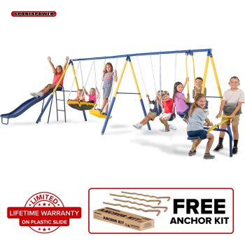 Sportspower Super 10 Metal Swing Set with Saucer Swing, Standing Swing, Teeter-Totter, Lifetime Warranty on Slide & Bonus Anchor Kit, Great for Kids 3-8
